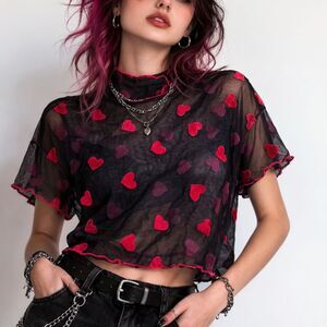 Y2K Black Sheer Mesh Top with Red Heart Pattern - Short Sleeve